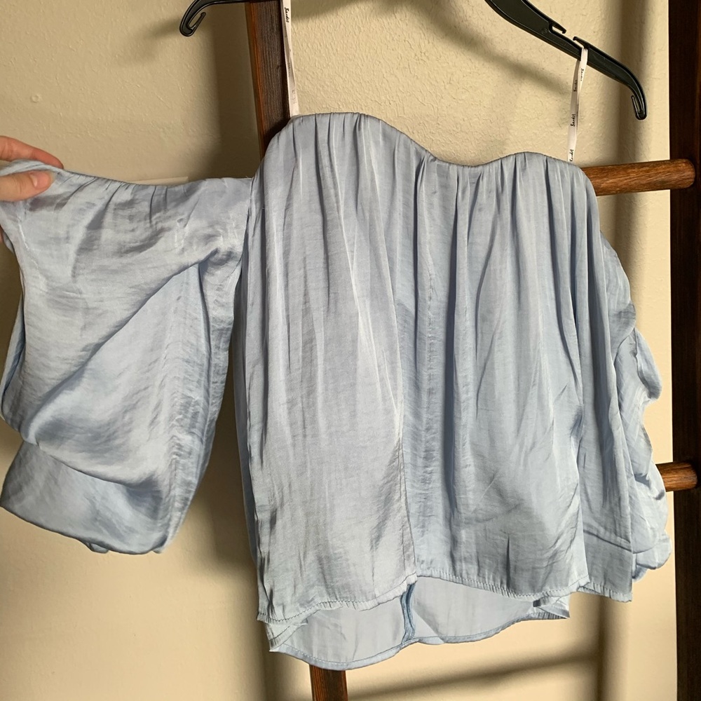 Bardot XS Light blue silk off shoulder top